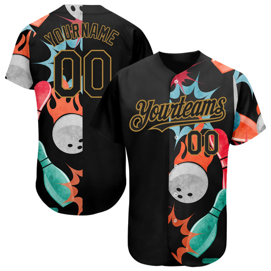 Custom Black Old Gold 3D Pattern Design Bowling Authentic Baseball Jersey - Main View