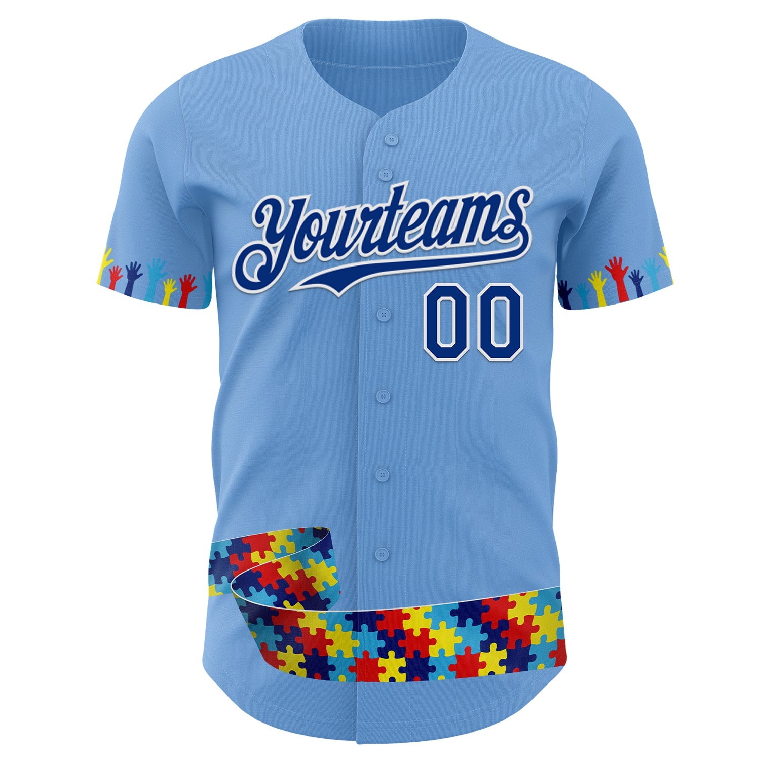 Custom Light Blue Royal-White Autism Awareness Support Puzzle Infinity Authentic Baseball Jersey view 2