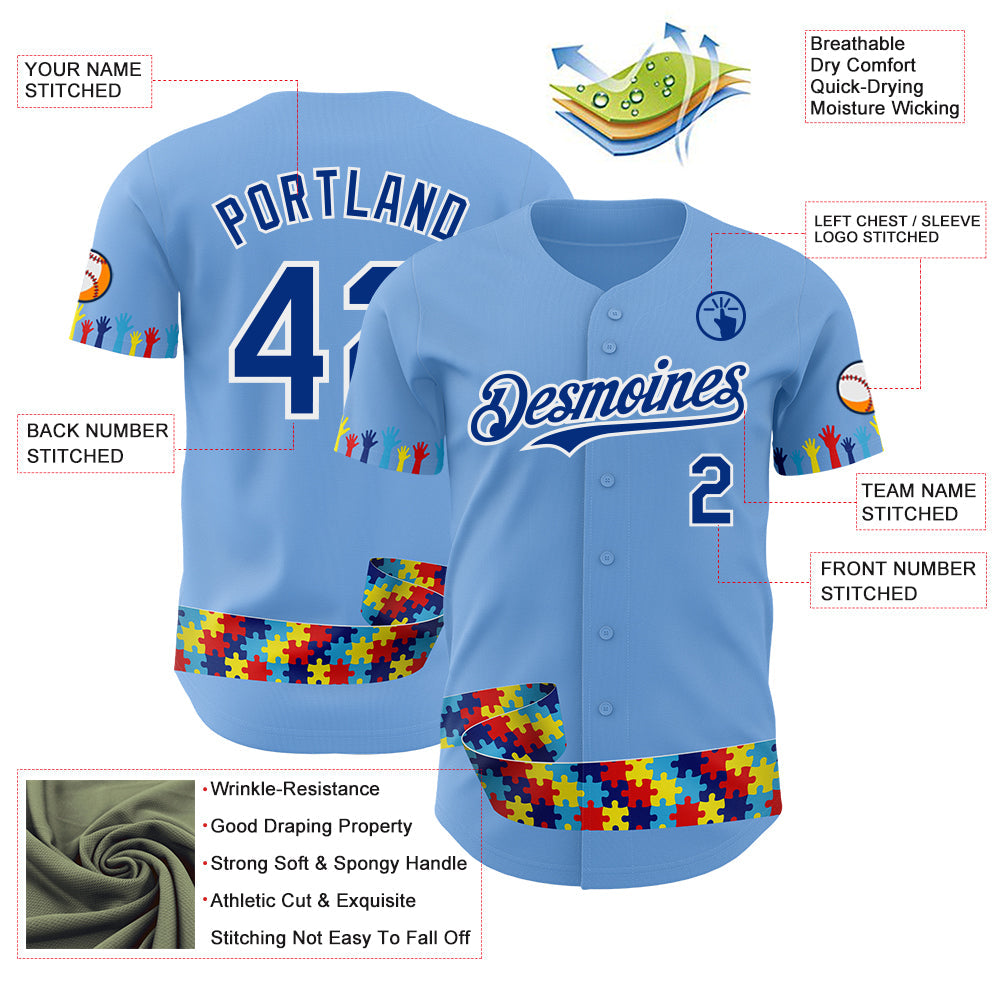 Custom Light Blue Royal-White Autism Awareness Support Puzzle Infinity Authentic Baseball Jersey view 3