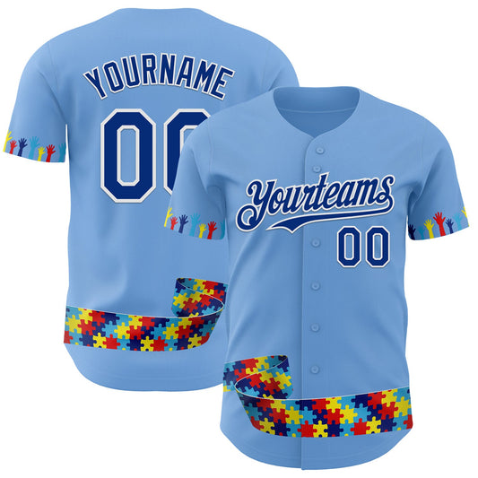 Custom Light Blue Royal-White Autism Awareness Support Puzzle Infinity Authentic Baseball Jersey - Main View