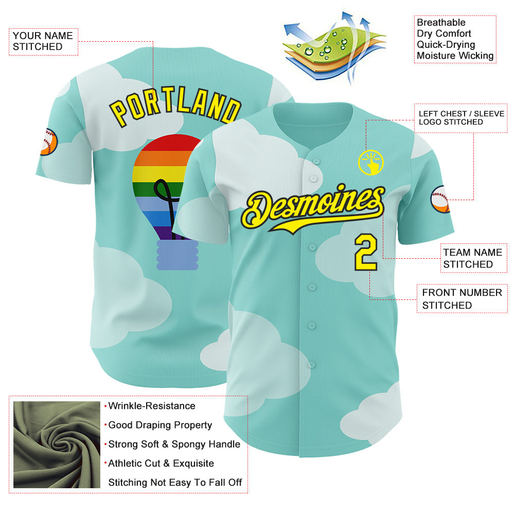 Custom Ice Blue Light Yellow-Black Autism Awareness Support Authentic Baseball Jersey view 3