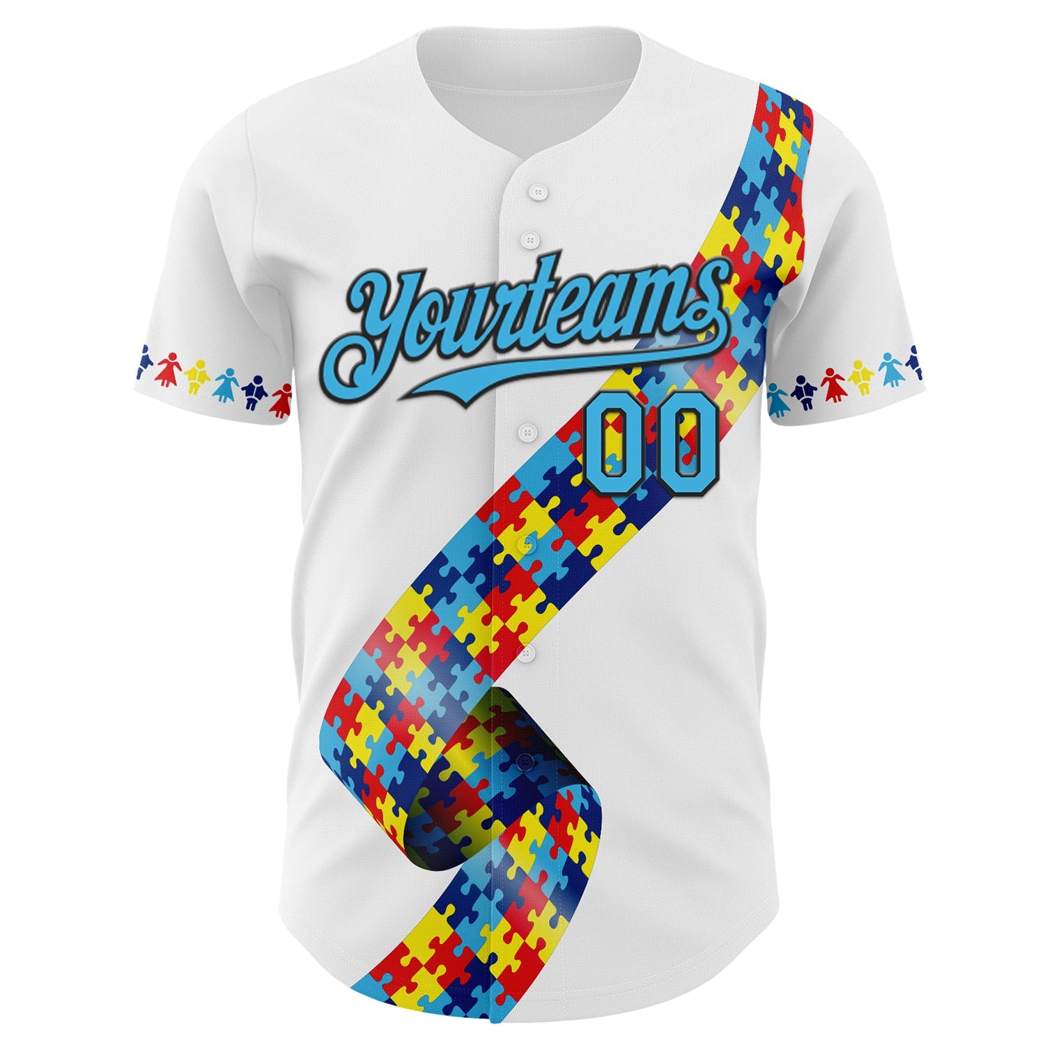 Custom White Sky Blue-Black Autism Awareness Support Puzzle Infinity Authentic Baseball Jersey view 2