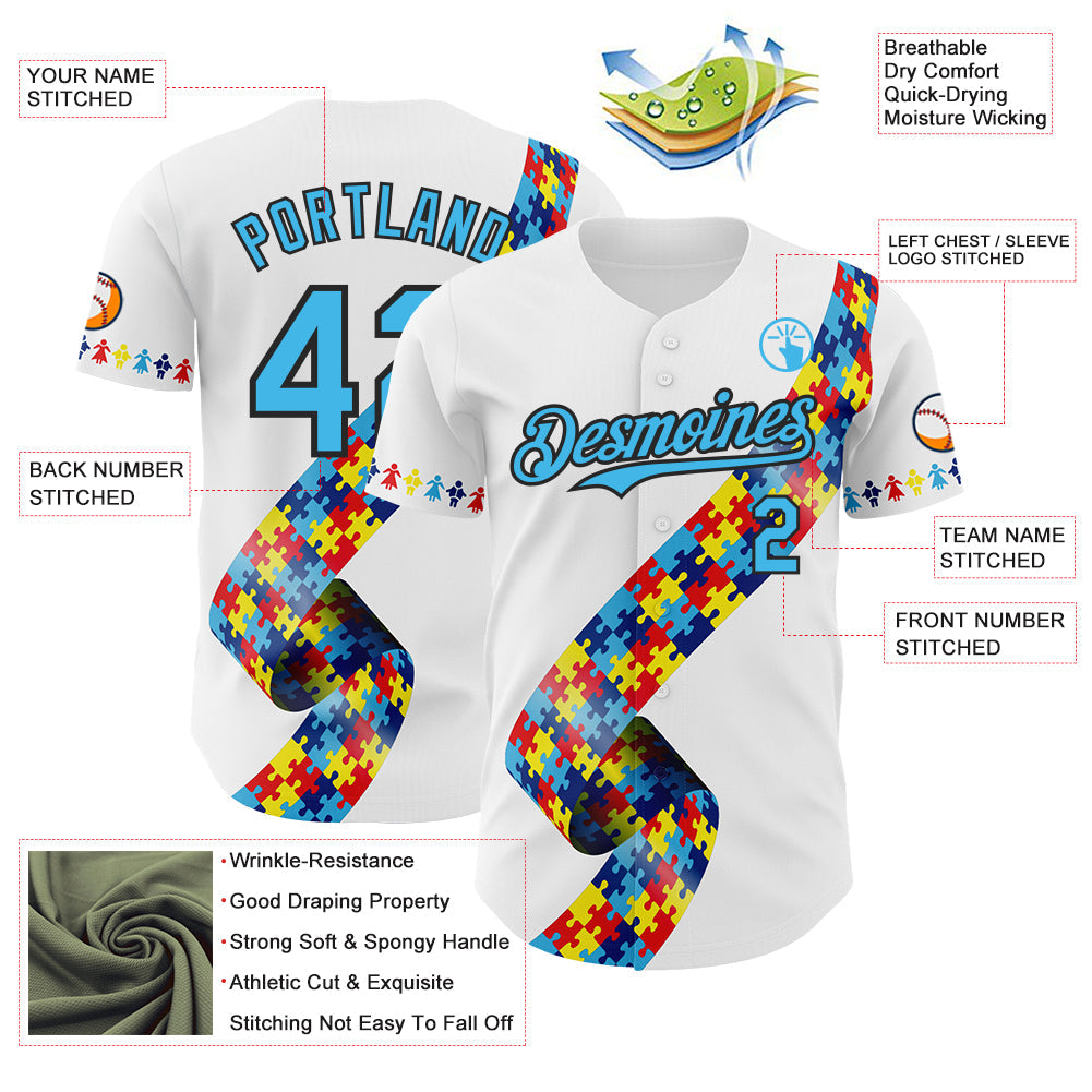 Custom White Sky Blue-Black Autism Awareness Support Puzzle Infinity Authentic Baseball Jersey view 3
