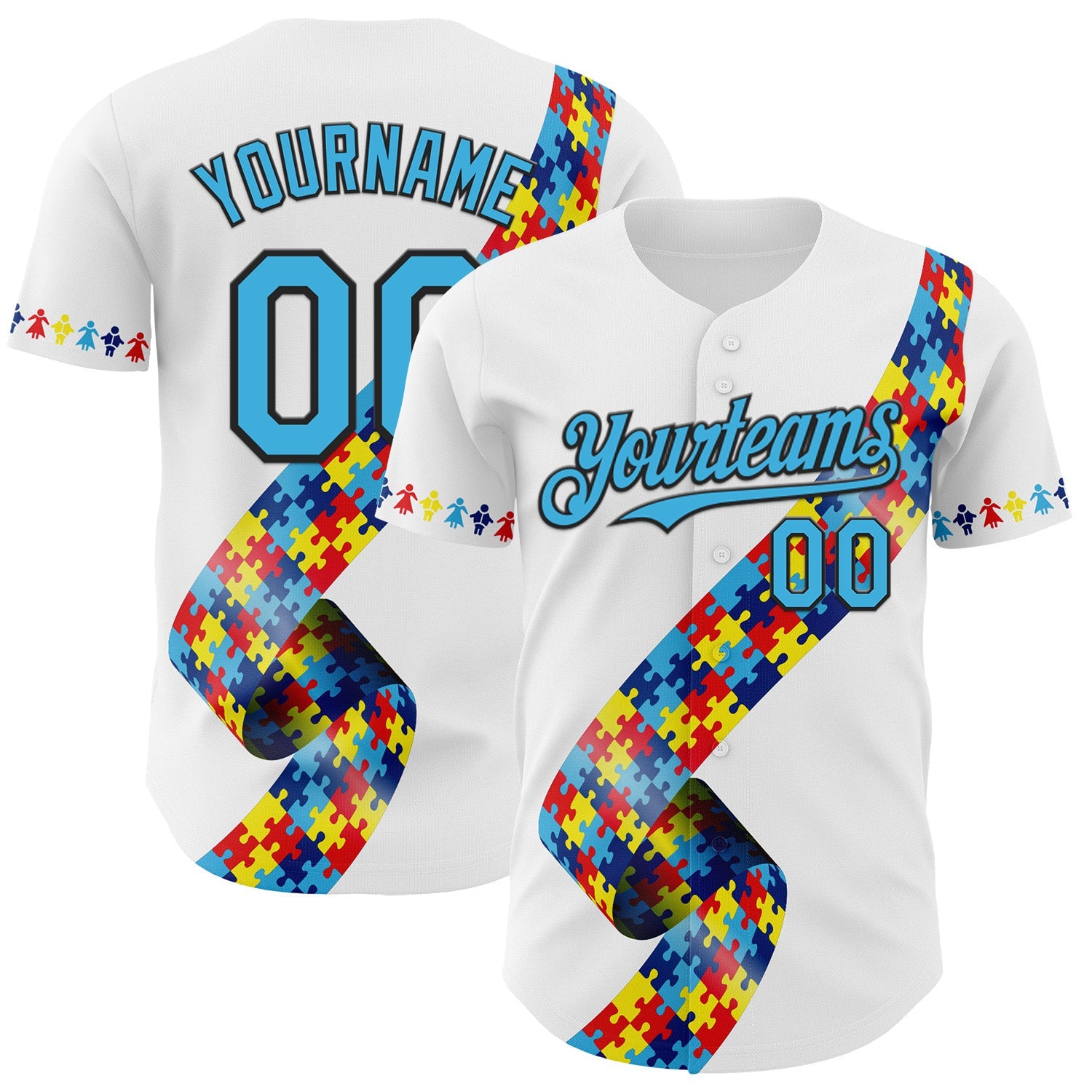 Custom White Sky Blue-Black Autism Awareness Support Puzzle Infinity Authentic Baseball Jersey - Main View