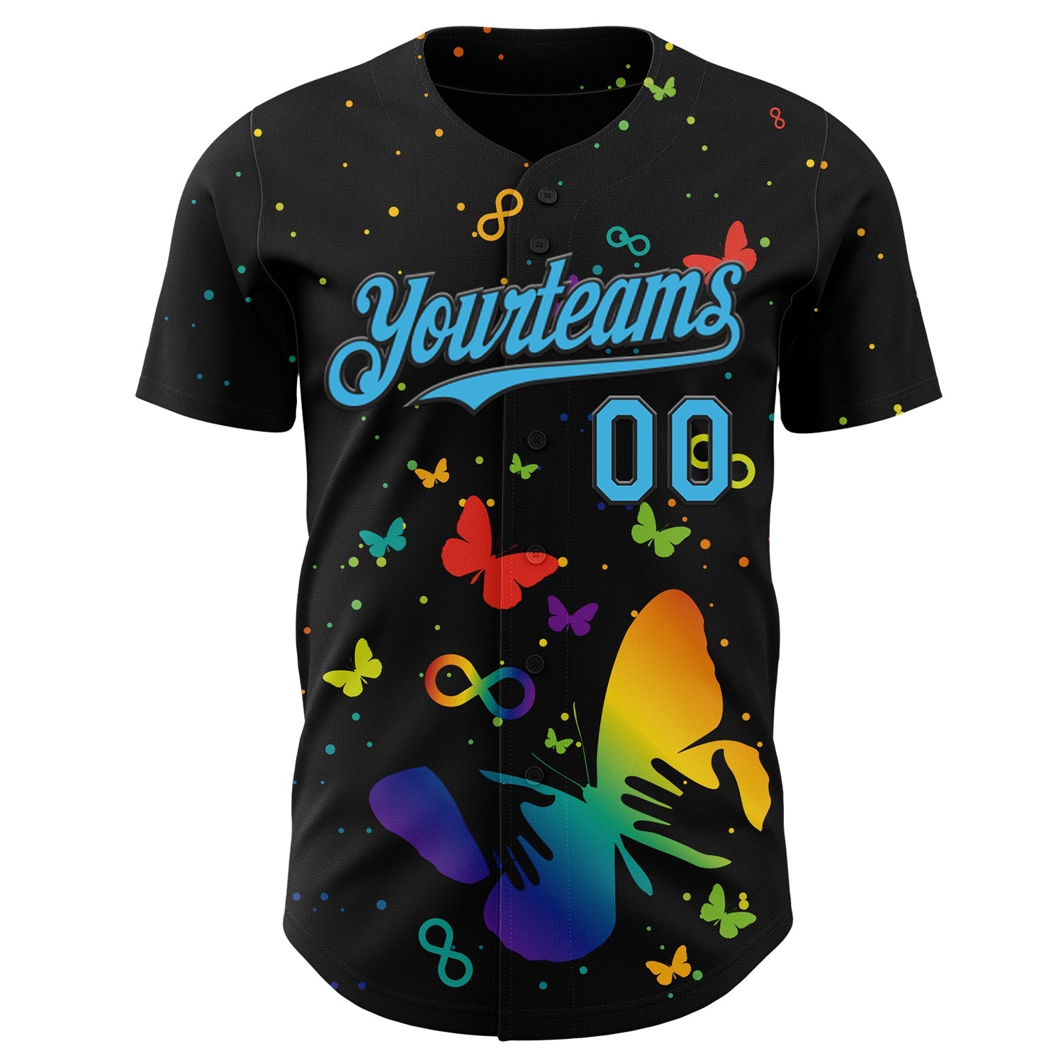 Custom Black-Sky Blue Autism Acceptance Rainbow Infinity Authentic Baseball Jersey view 2