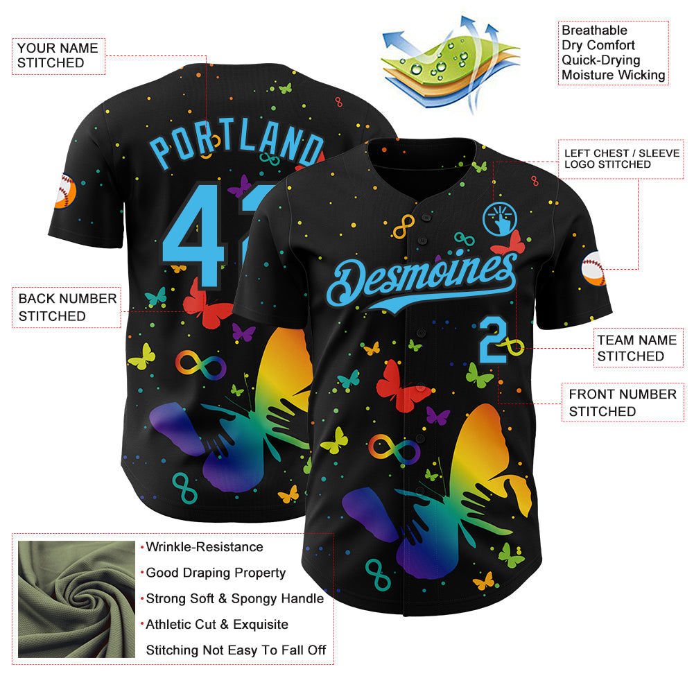 Custom Black-Sky Blue Autism Acceptance Rainbow Infinity Authentic Baseball Jersey view 3