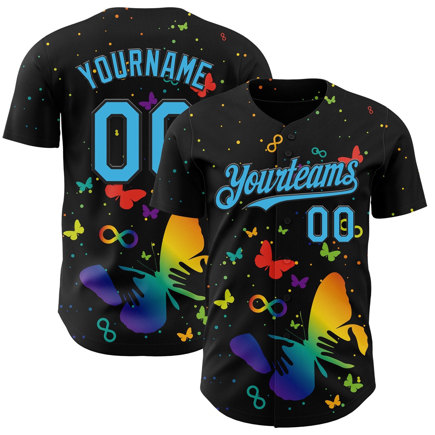 Custom Black-Sky Blue Autism Acceptance Rainbow Infinity Authentic Baseball Jersey - Main View