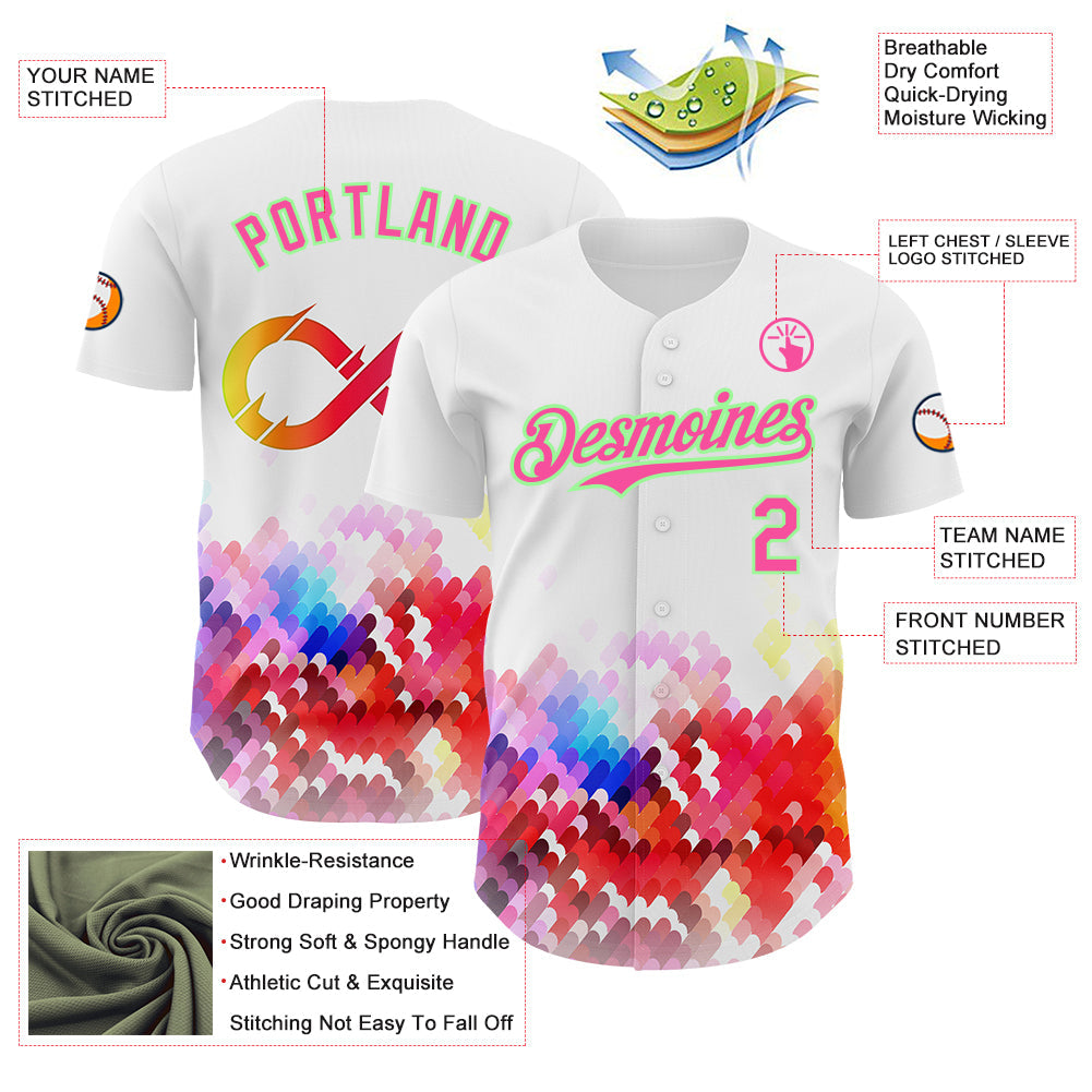 Custom White Pink-Pea Green Autism Acceptance Rainbow Infinity Authentic Baseball Jersey view 3