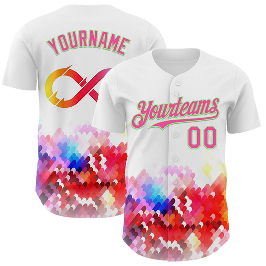 Custom White Pink-Pea Green Autism Acceptance Rainbow Infinity Authentic Baseball Jersey - Main View