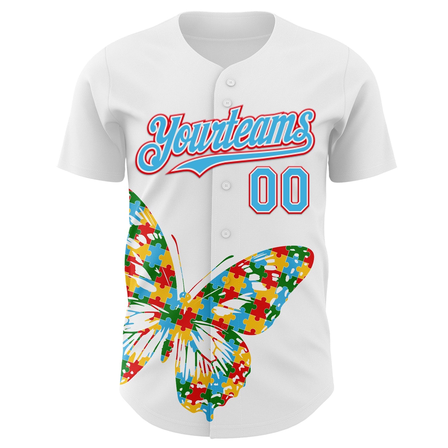Custom White Sky Blue-Fire Red Autism Awareness Puzzle Infinity Butterfly Authentic Baseball Jersey view 2