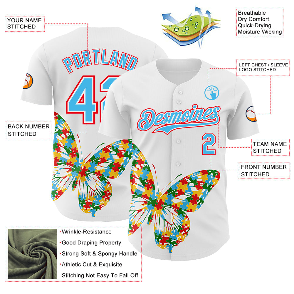 Custom White Sky Blue-Fire Red Autism Awareness Puzzle Infinity Butterfly Authentic Baseball Jersey view 3