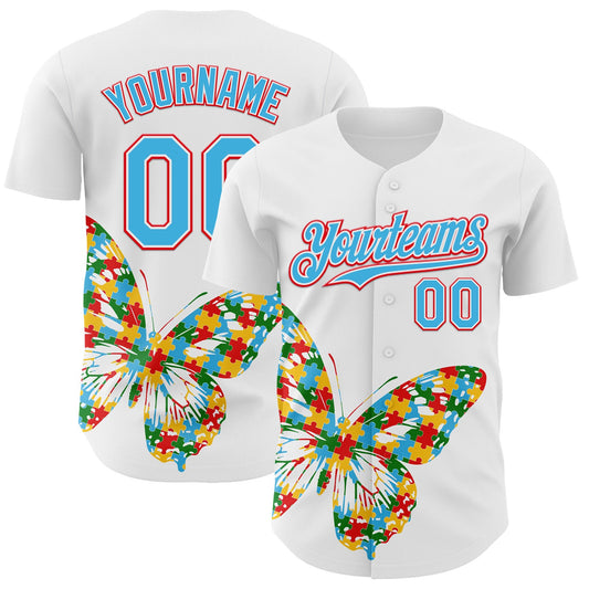Custom White Sky Blue-Fire Red Autism Awareness Puzzle Infinity Butterfly Authentic Baseball Jersey - Main View