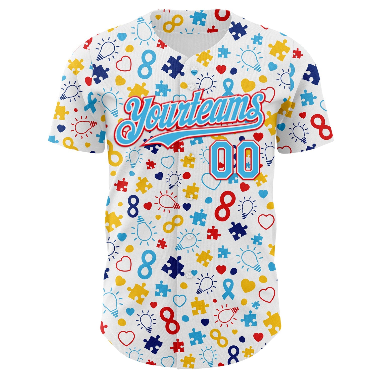 Custom White Sky Blue-Fire Red Autism Awareness Puzzle Infinity Authentic Baseball Jersey view 2