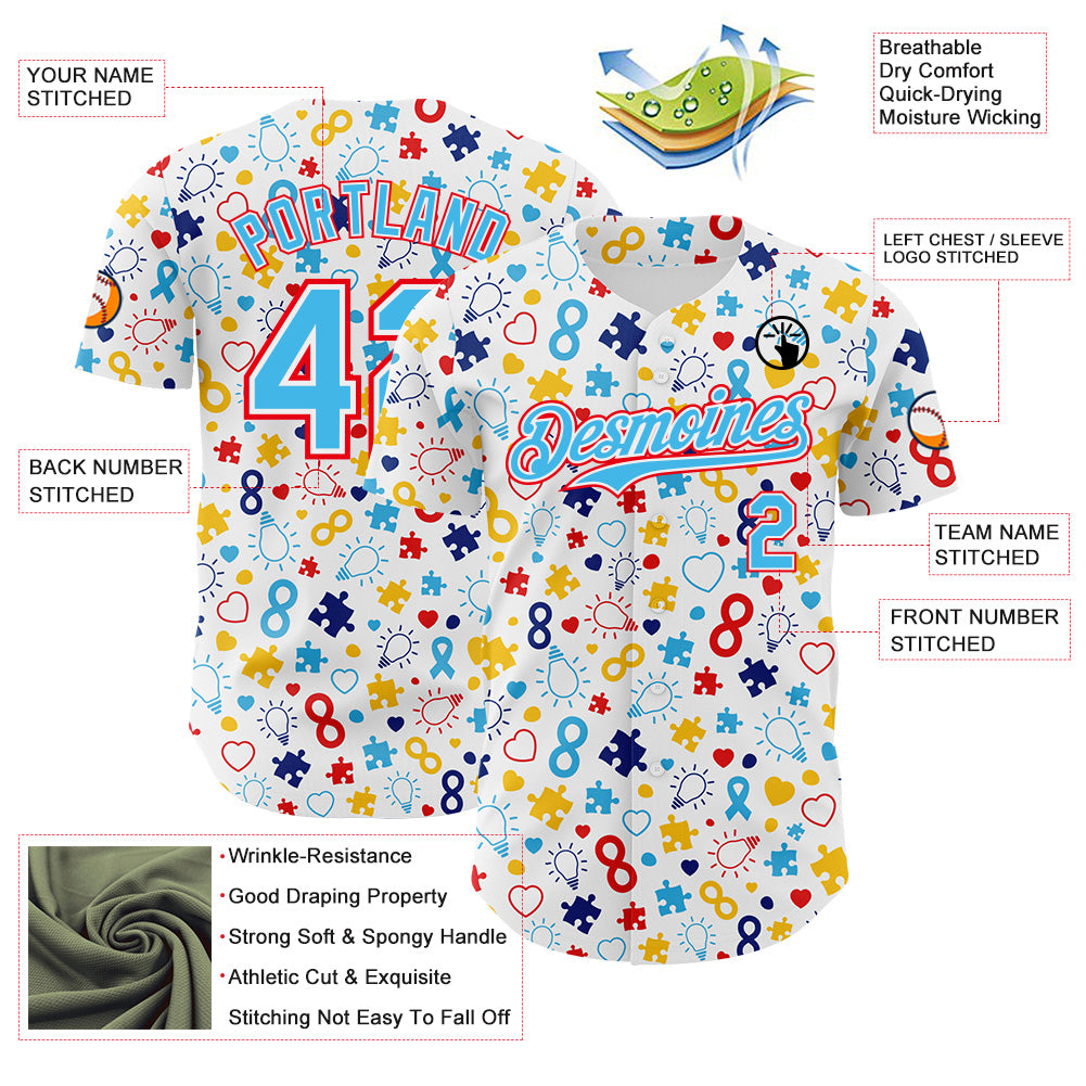Custom White Sky Blue-Fire Red Autism Awareness Puzzle Infinity Authentic Baseball Jersey view 3