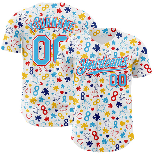 Custom White Sky Blue-Fire Red Autism Awareness Puzzle Infinity Authentic Baseball Jersey - Main View