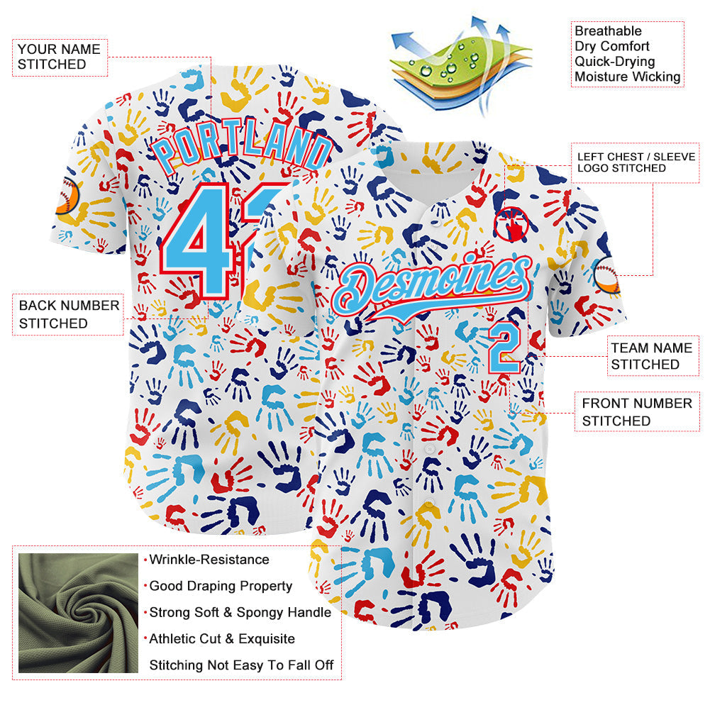 Custom White Sky Blue-Fire Red Autism Acceptance Infinity Handprint Authentic Baseball Jersey view 3