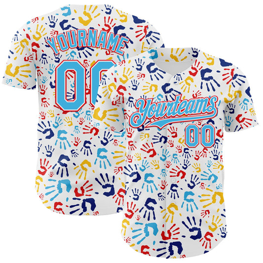 Custom White Sky Blue-Fire Red Autism Acceptance Infinity Handprint Authentic Baseball Jersey - Main View