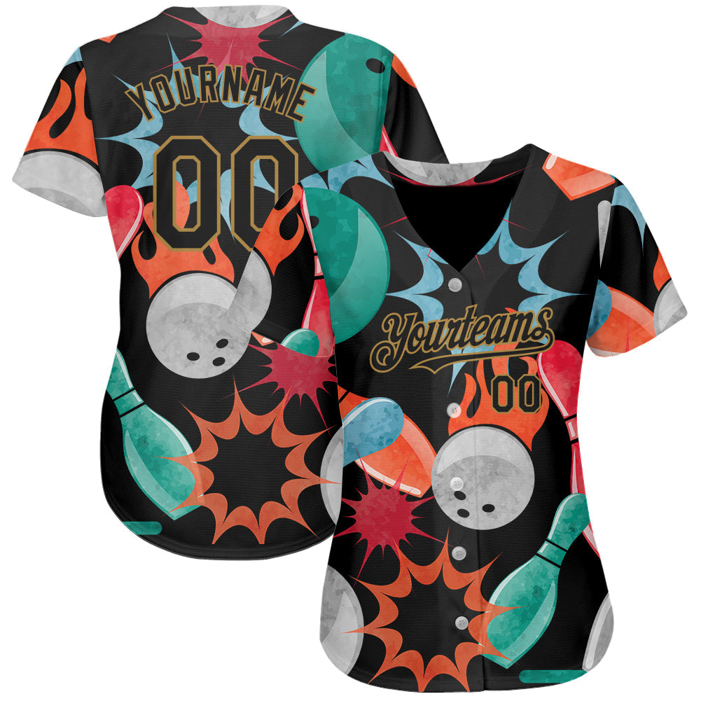 Custom Black Old Gold 3D Pattern Design Bowling Authentic Baseball Jersey view 2