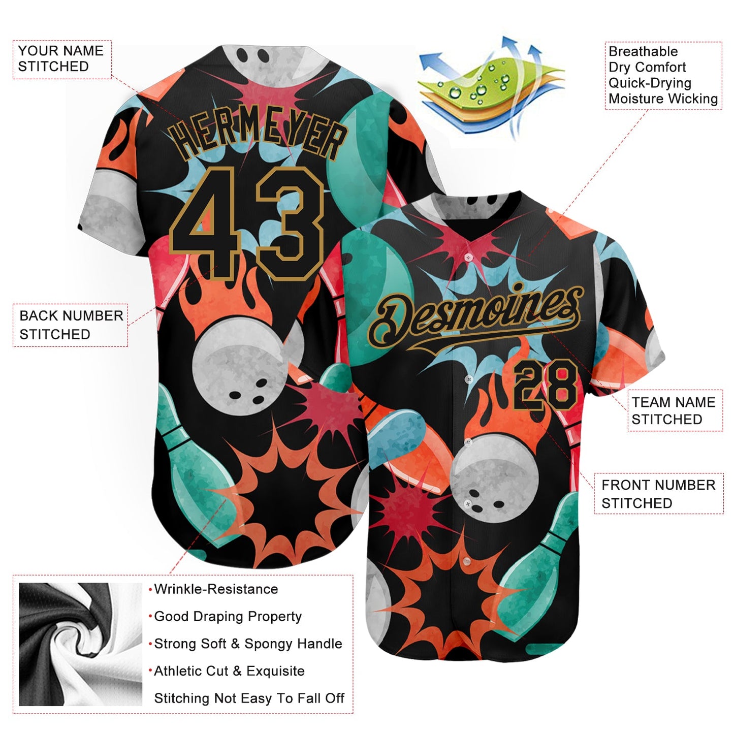 Custom Black Old Gold 3D Pattern Design Bowling Authentic Baseball Jersey view 3