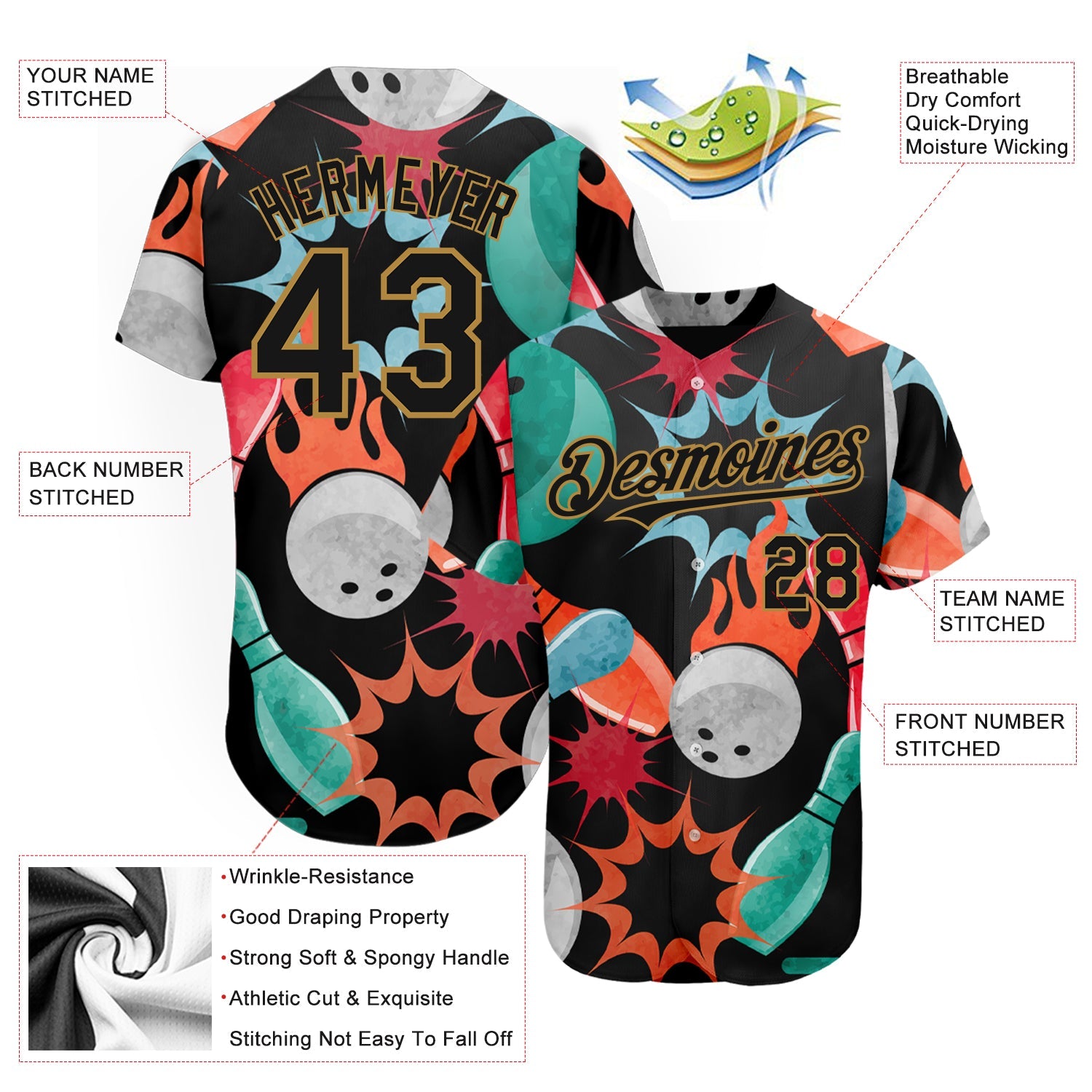 Custom Black Old Gold 3D Pattern Design Bowling Authentic Baseball Jersey view 3