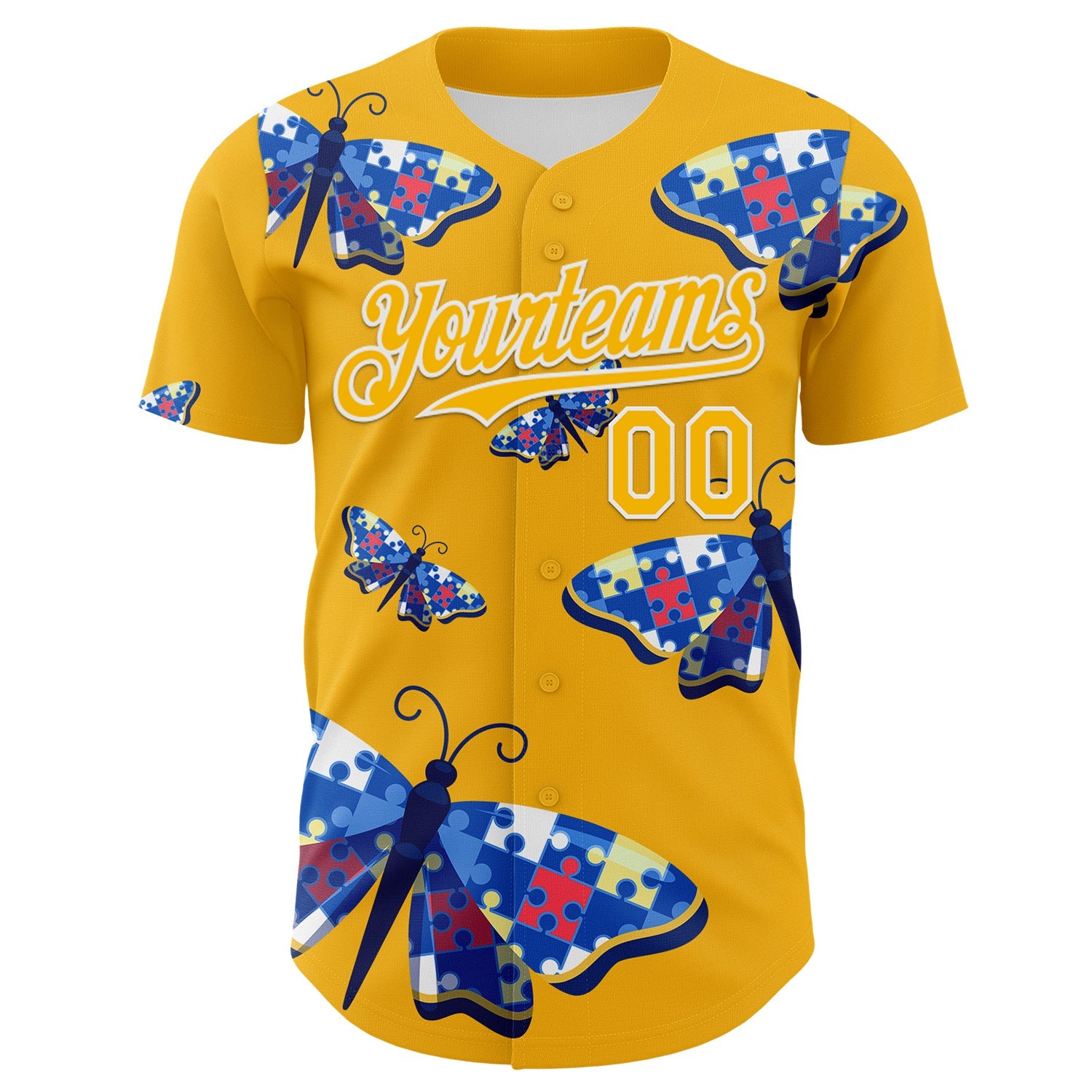 Custom Gold-White Autism Awareness Support Puzzle Infinity Butterfly Authentic Baseball Jersey view 2