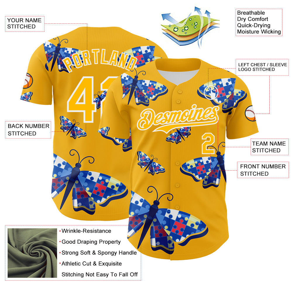 Custom Gold-White Autism Awareness Support Puzzle Infinity Butterfly Authentic Baseball Jersey view 3