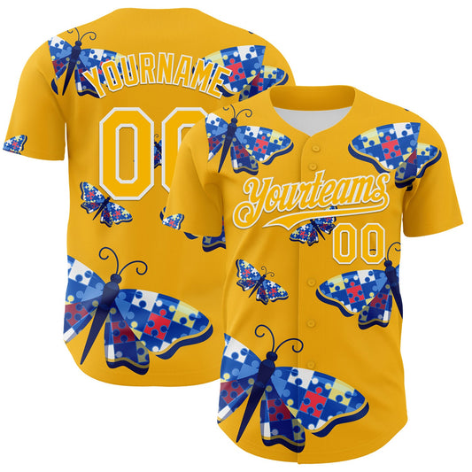 Custom Gold-White Autism Awareness Support Puzzle Infinity Butterfly Authentic Baseball Jersey - Main View