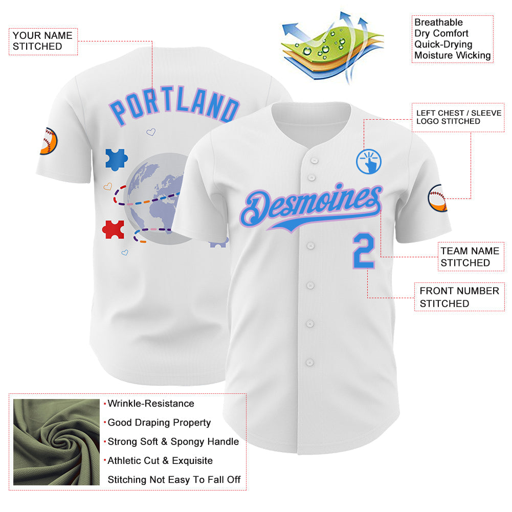 Custom White Electric Blue-Light Purple Autism Awareness Support Authentic Baseball Jersey view 3
