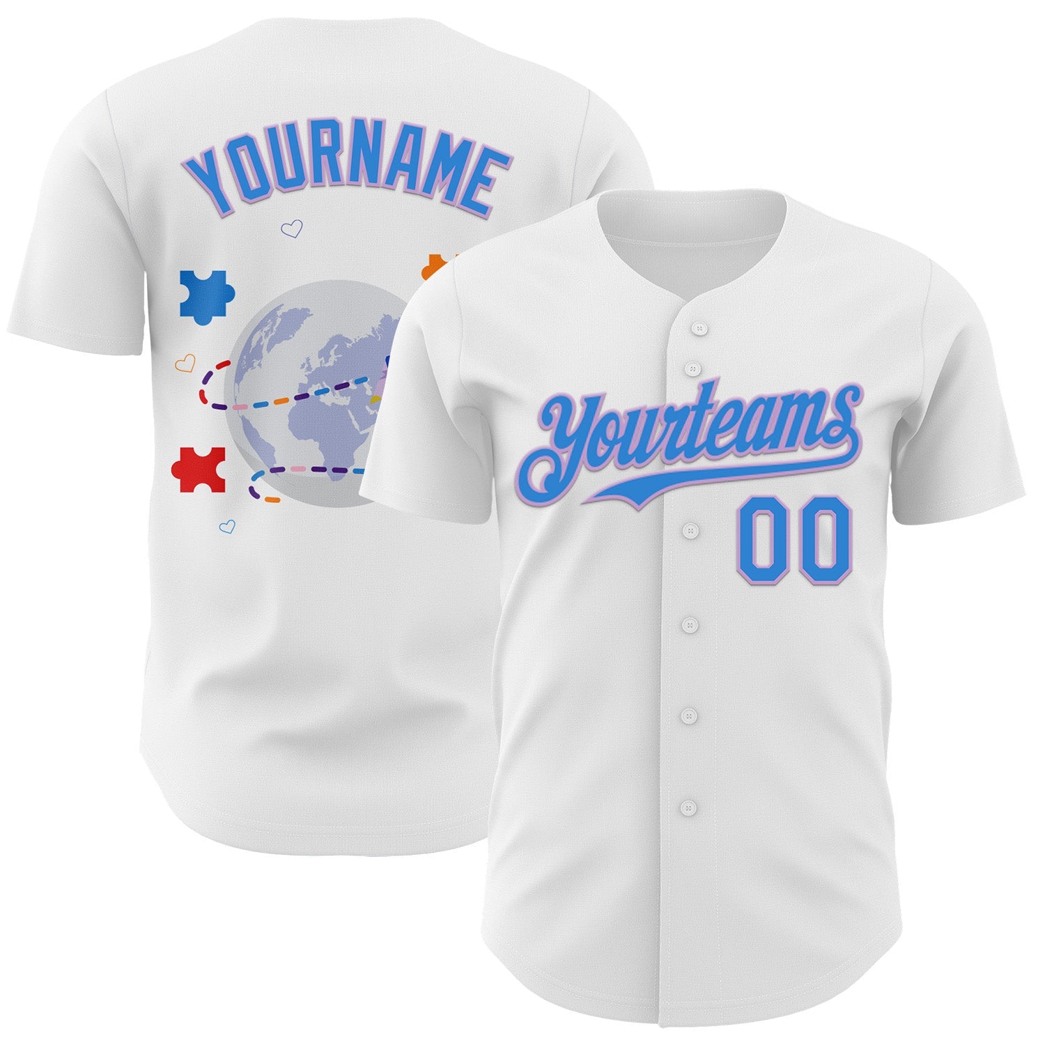 Custom White Electric Blue-Light Purple Autism Awareness Support Authentic Baseball Jersey - Main View