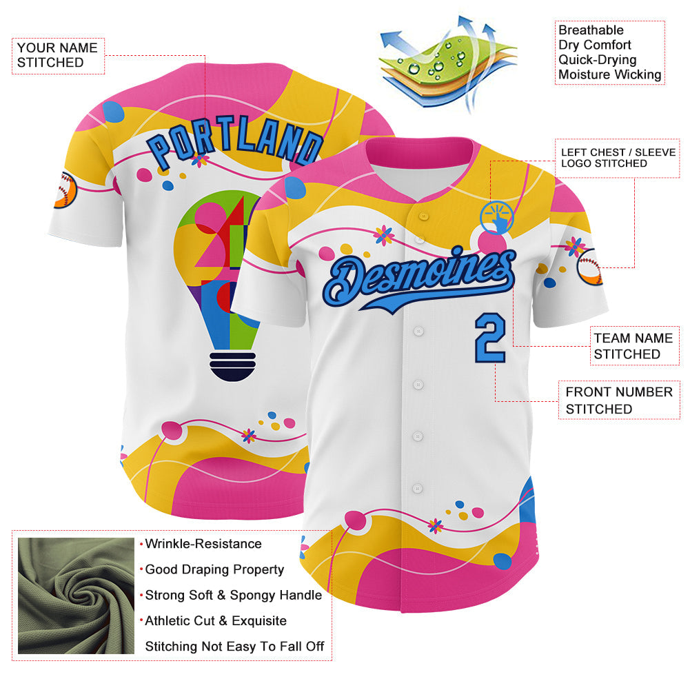 Custom White Electric Blue-Navy Autism Awareness Puzzle Infinity Lightbulb Authentic Baseball Jersey view 3