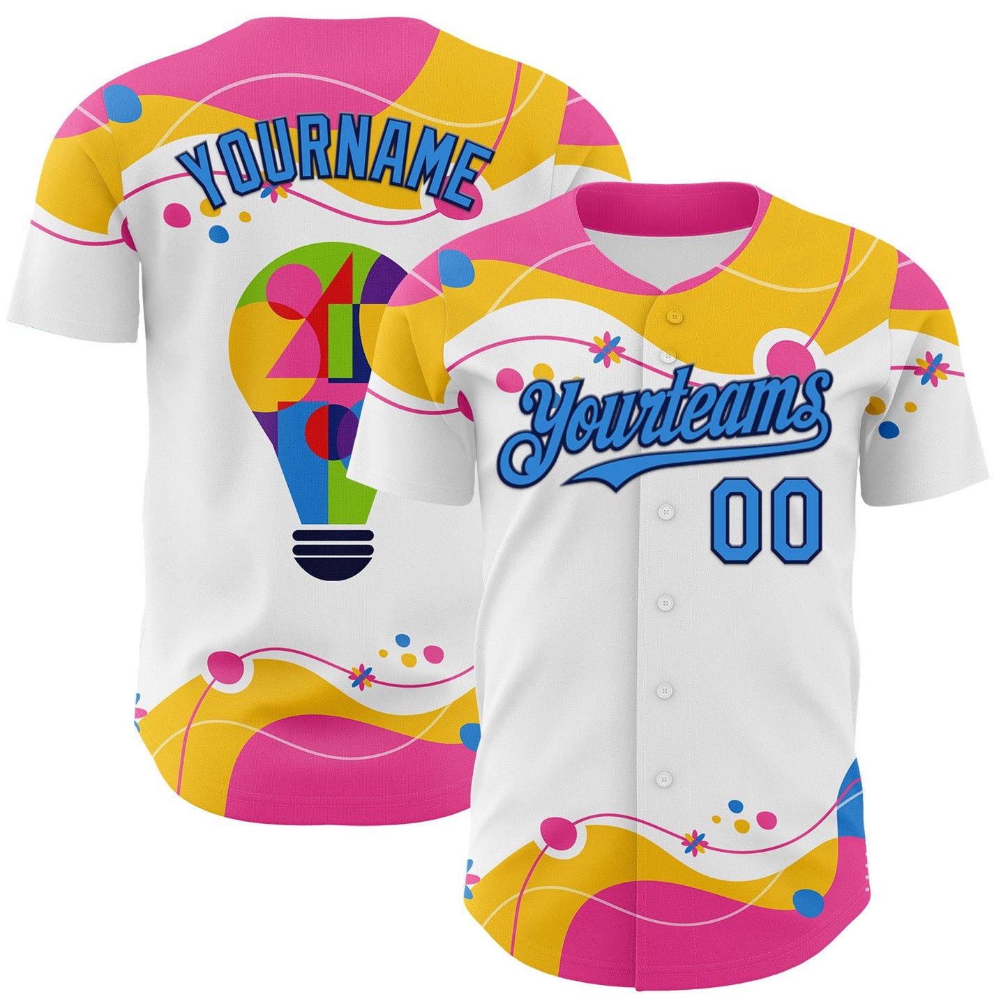 Custom White Electric Blue-Navy Autism Awareness Puzzle Infinity Lightbulb Authentic Baseball Jersey - Main View