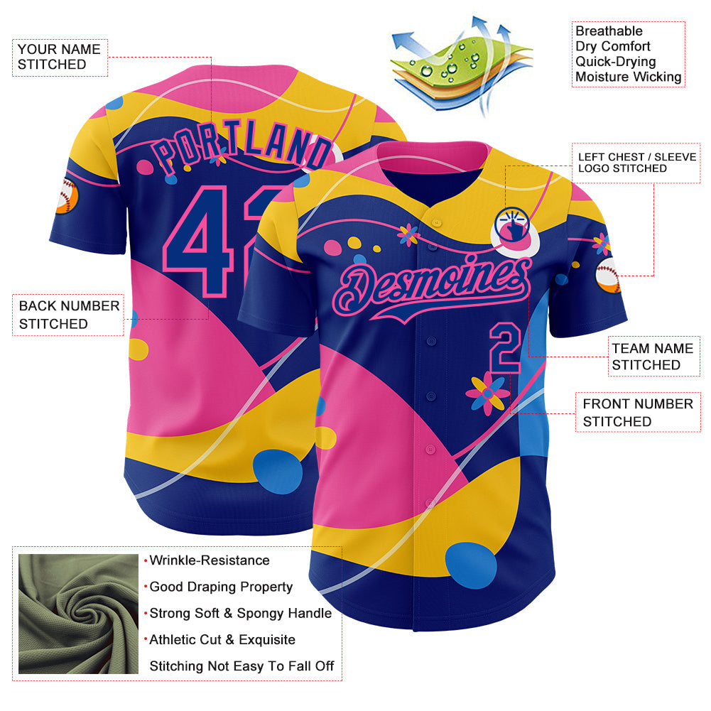 Custom Yellow Royal-Pink Autism Awareness Infinity Authentic Baseball Jersey view 3