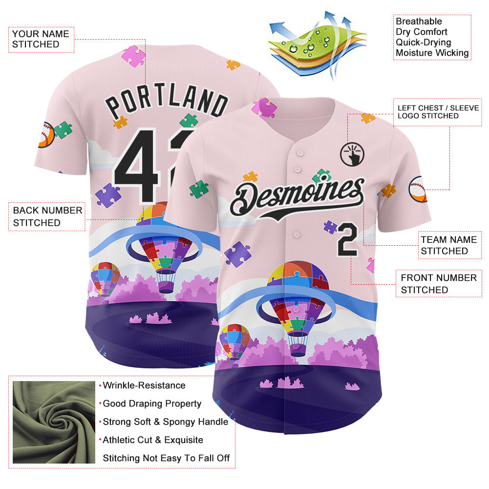 Custom Pink Black-White Autism Awareness Puzzle Infinity Authentic Baseball Jersey view 3