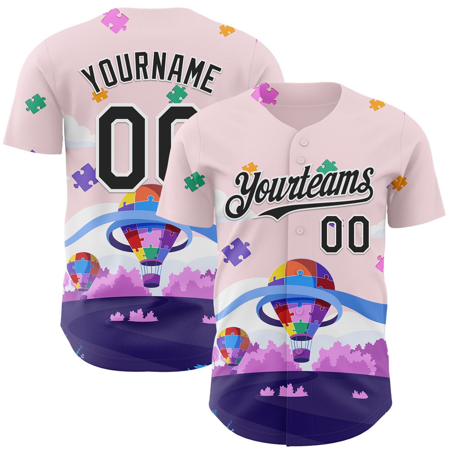 Custom Pink Black-White Autism Awareness Puzzle Infinity Authentic Baseball Jersey - Main View