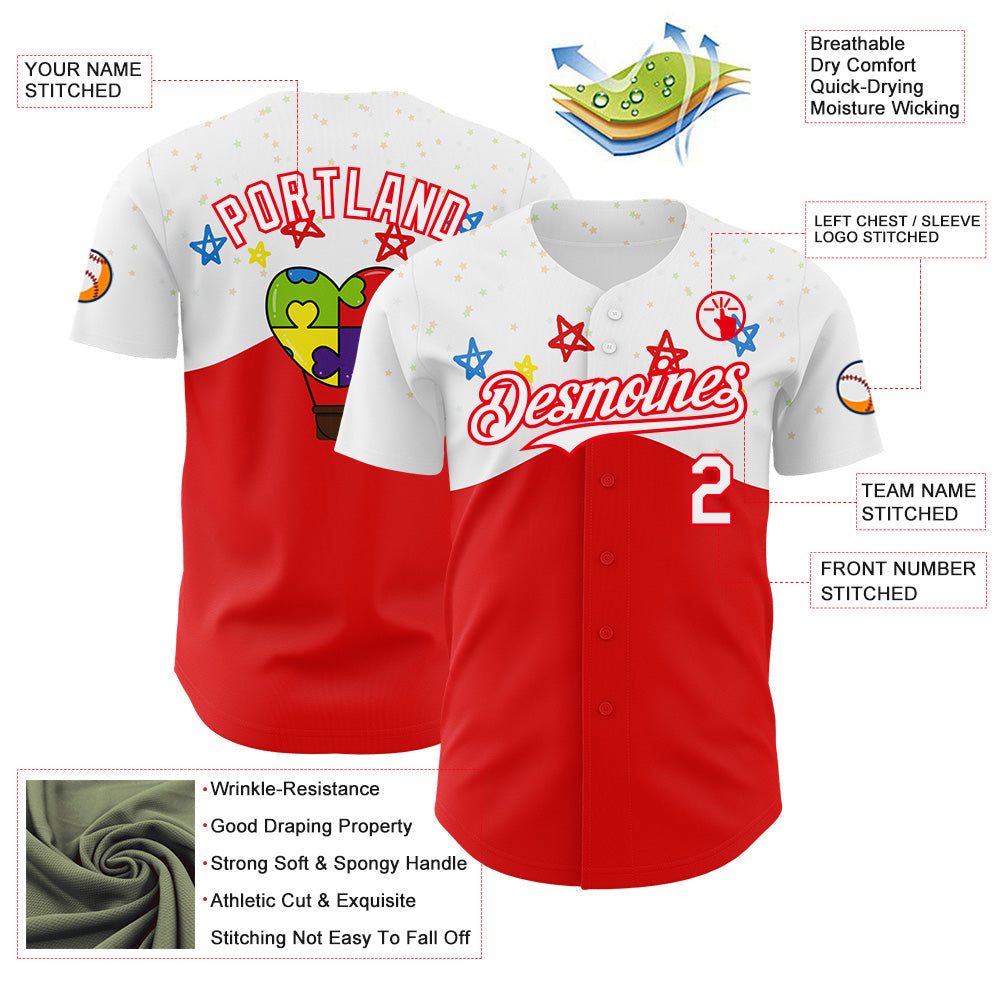 Custom White-Fire Red Autism Awareness Support Puzzle Infinity Authentic Baseball Jersey view 3