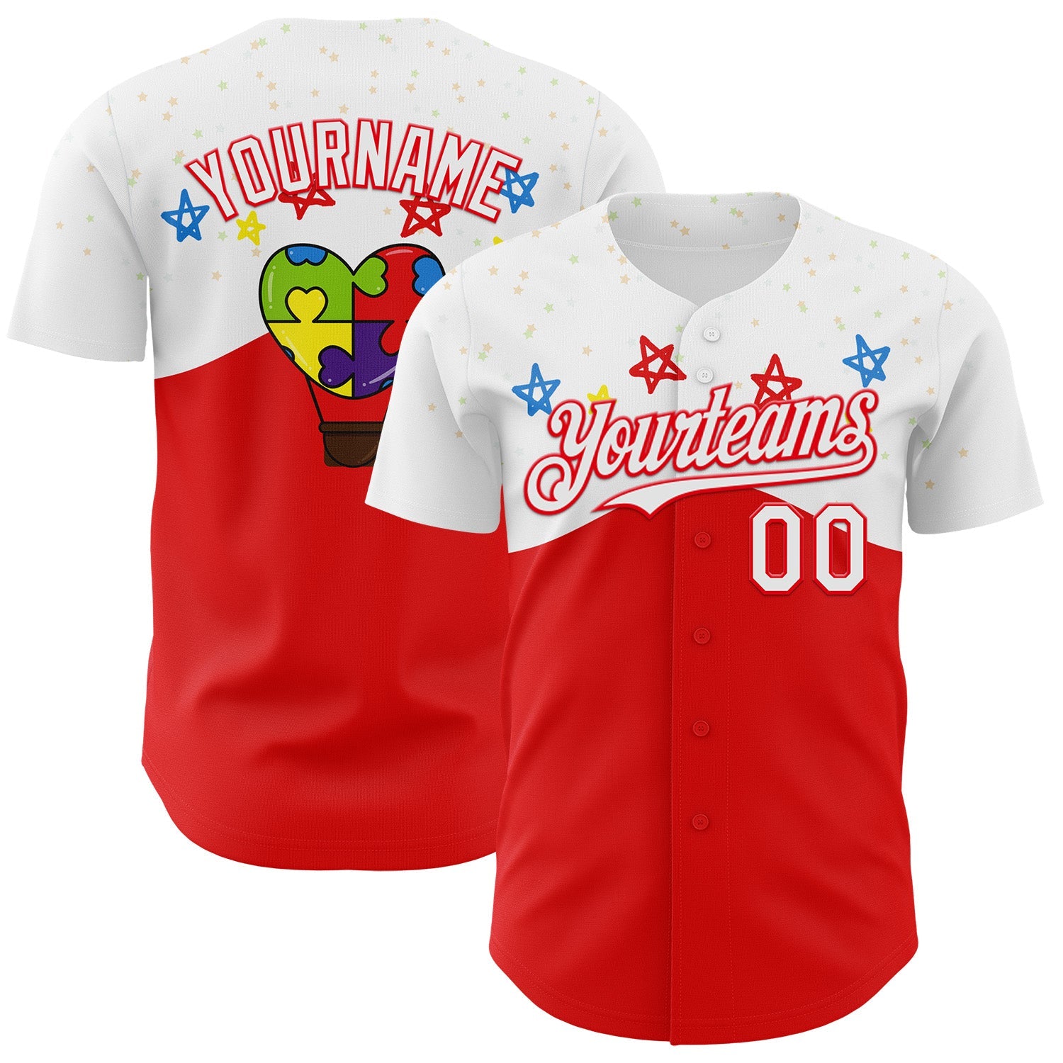 Custom White-Fire Red Autism Awareness Support Puzzle Infinity Authentic Baseball Jersey - Main View