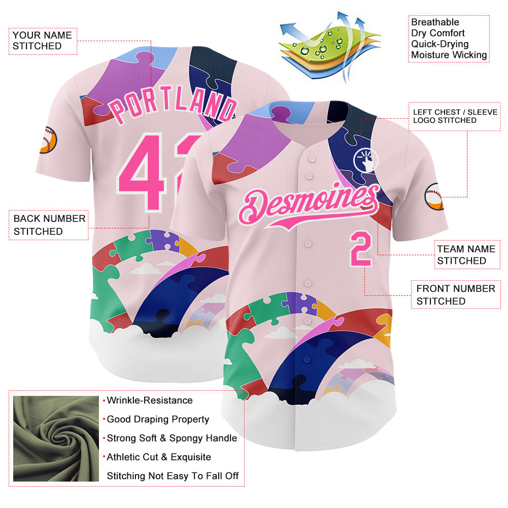 Custom Pink-White Autism Awareness Support Puzzle Infinity Authentic Baseball Jersey view 3