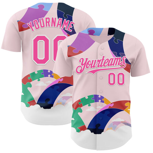 Custom Pink-White Autism Awareness Support Puzzle Infinity Authentic Baseball Jersey - Main View