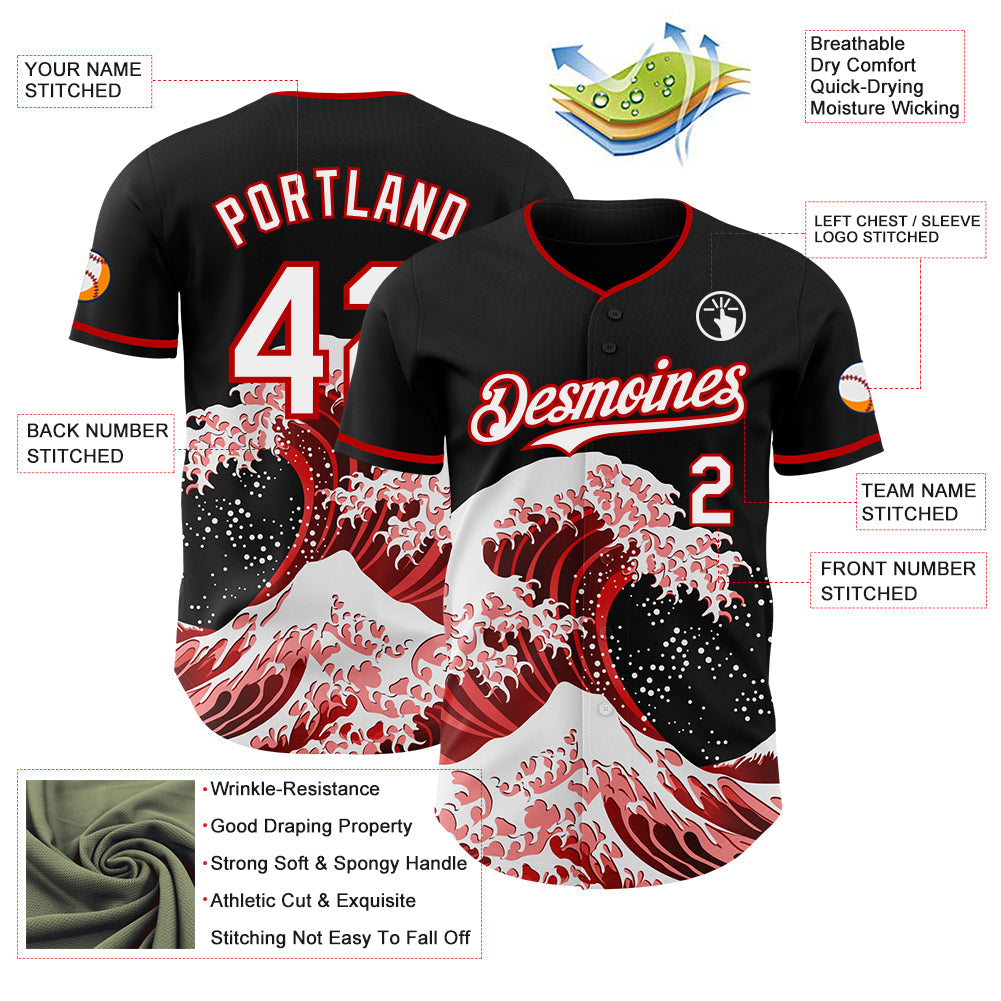 Custom Black White-Red Japanese Wave Authentic Baseball Jersey view 4