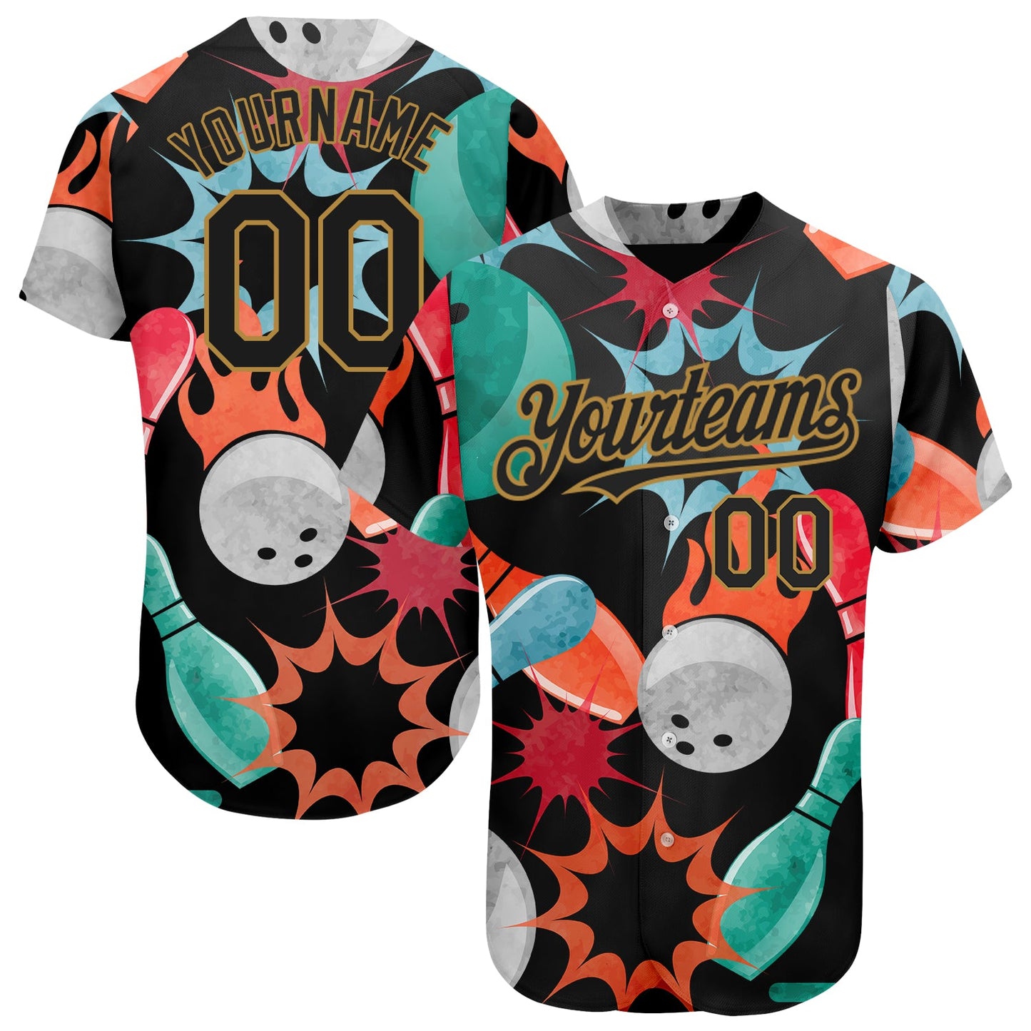 Custom Black Old Gold 3D Pattern Design Bowling Authentic Baseball Jersey - Main View