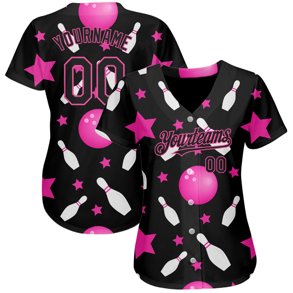 Custom Black Pink 3D Pattern Design Bowling Authentic Baseball Jersey view 2