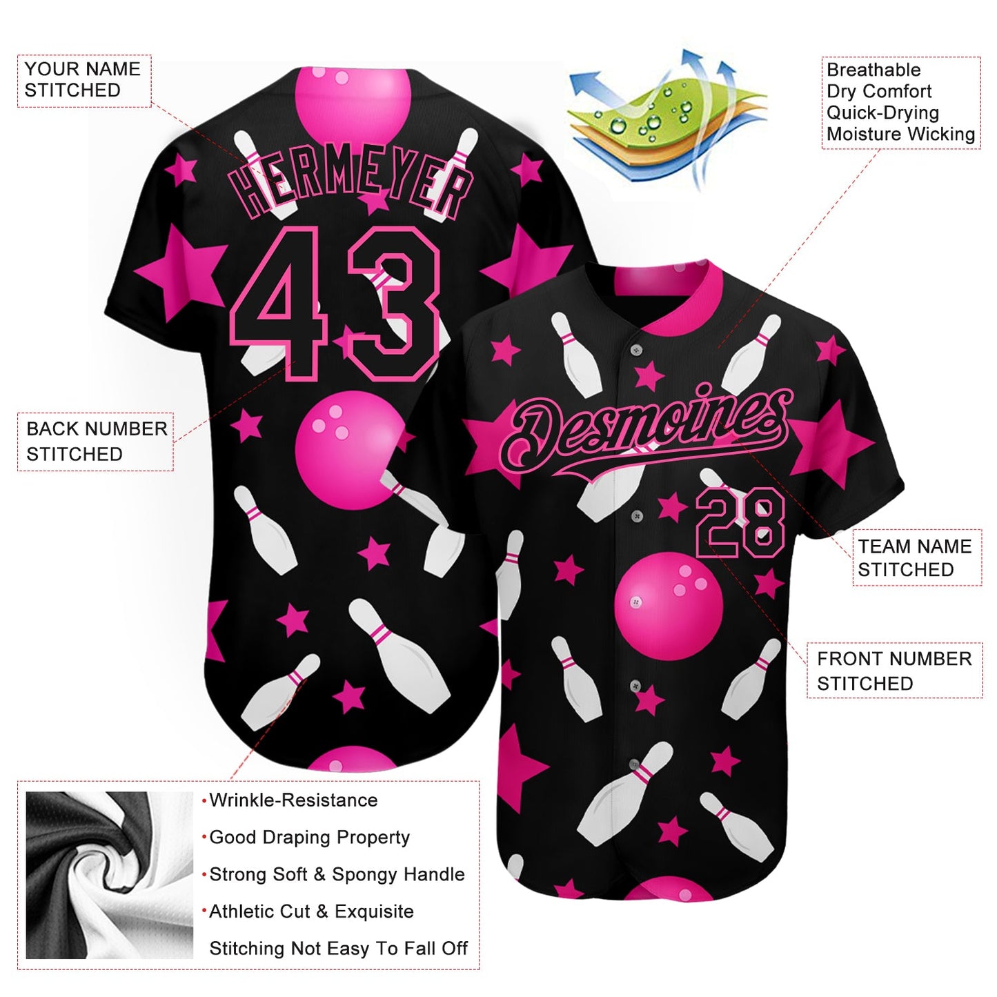 Custom Black Pink 3D Pattern Design Bowling Authentic Baseball Jersey view 3