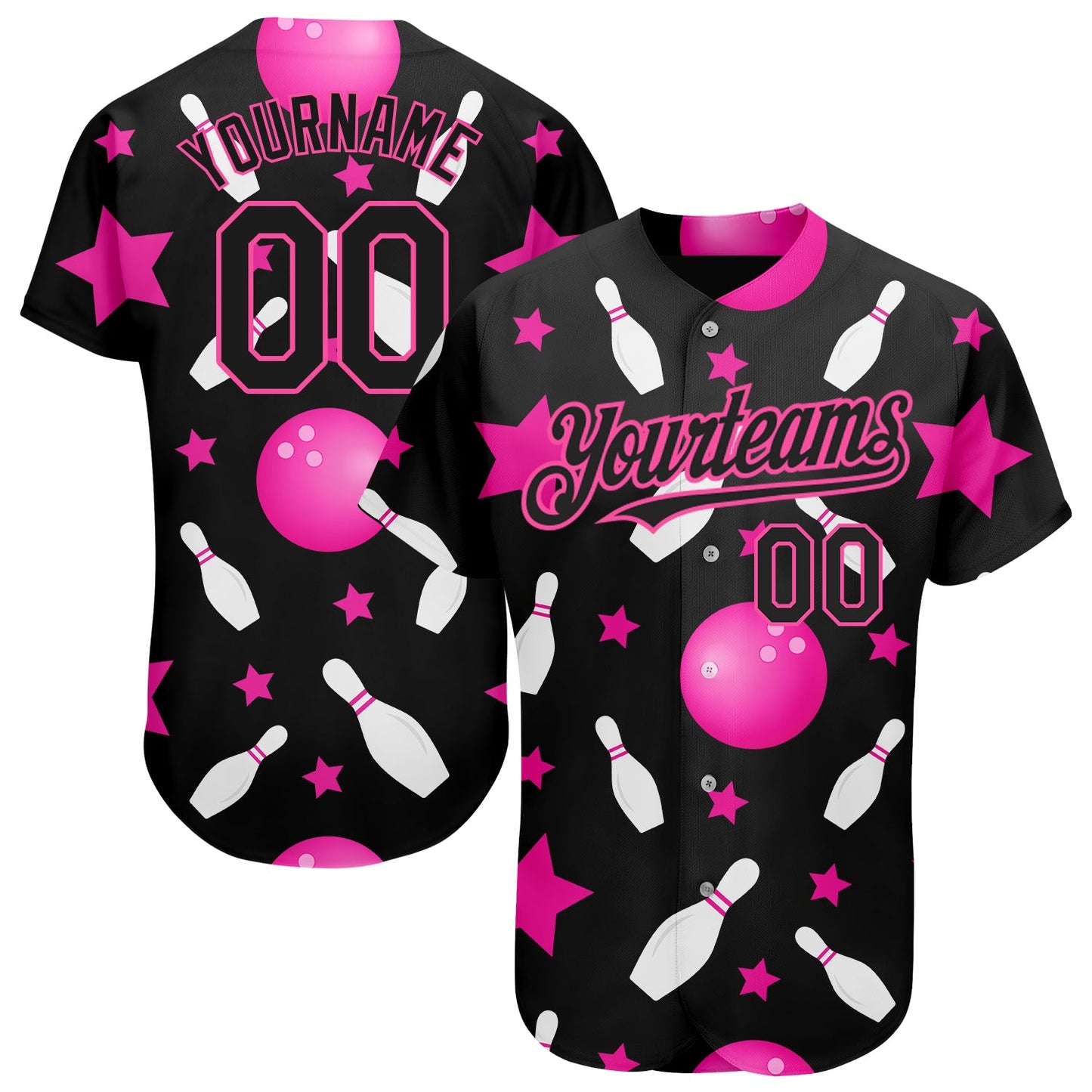 Custom Black Pink 3D Pattern Design Bowling Authentic Baseball Jersey - Main View