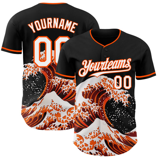 Custom Black White-Orange Japanese Wave Authentic Baseball Jersey - Main View