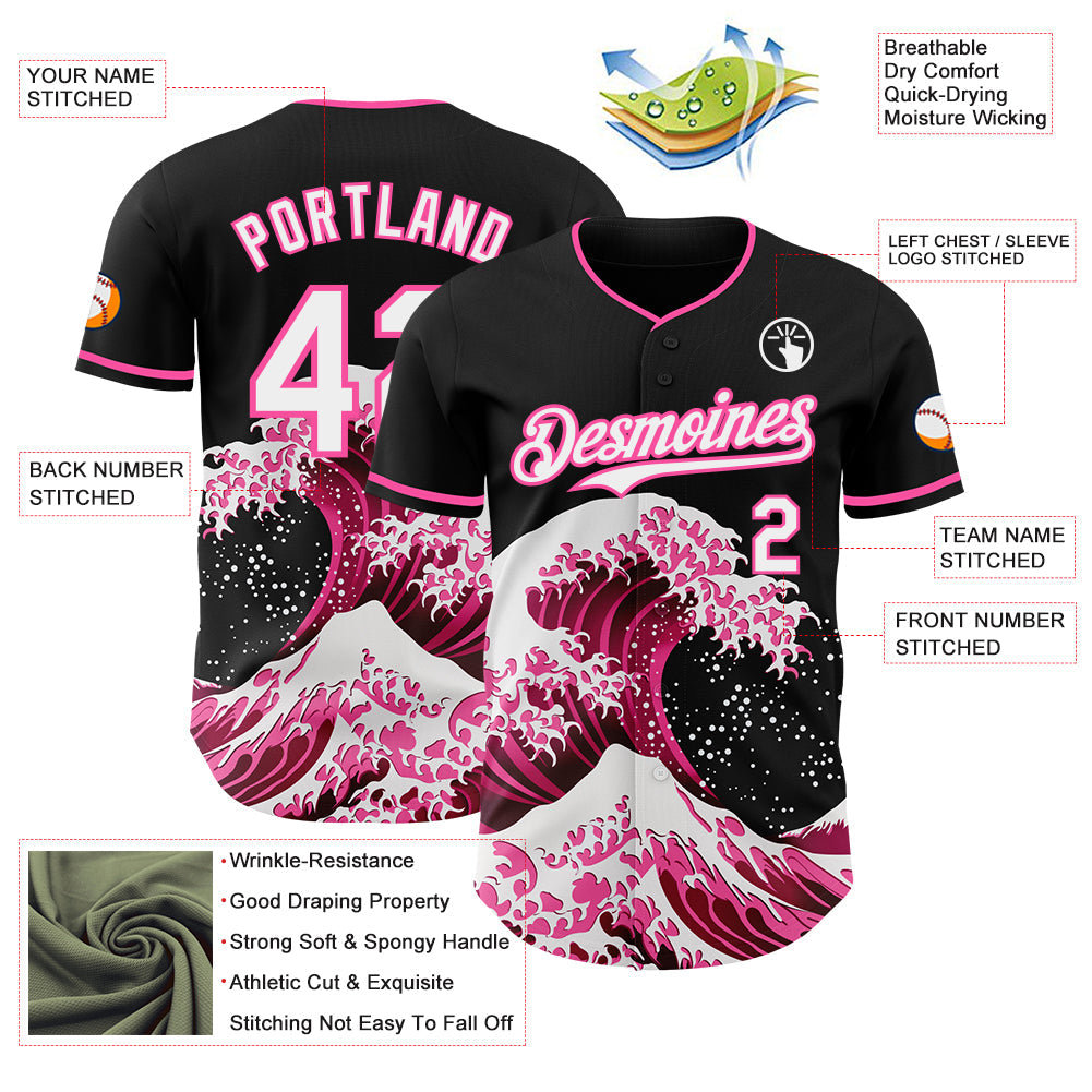 Custom Black White-Pink Japanese Wave Authentic Baseball Jersey view 4