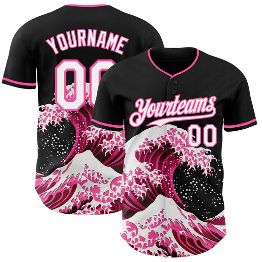 Custom Black White-Pink Japanese Wave Authentic Baseball Jersey - Main View