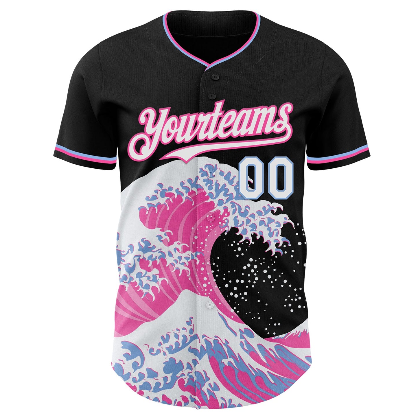 Custom Black White Pink-Light Blue Japanese Wave Authentic Baseball Jersey view 3