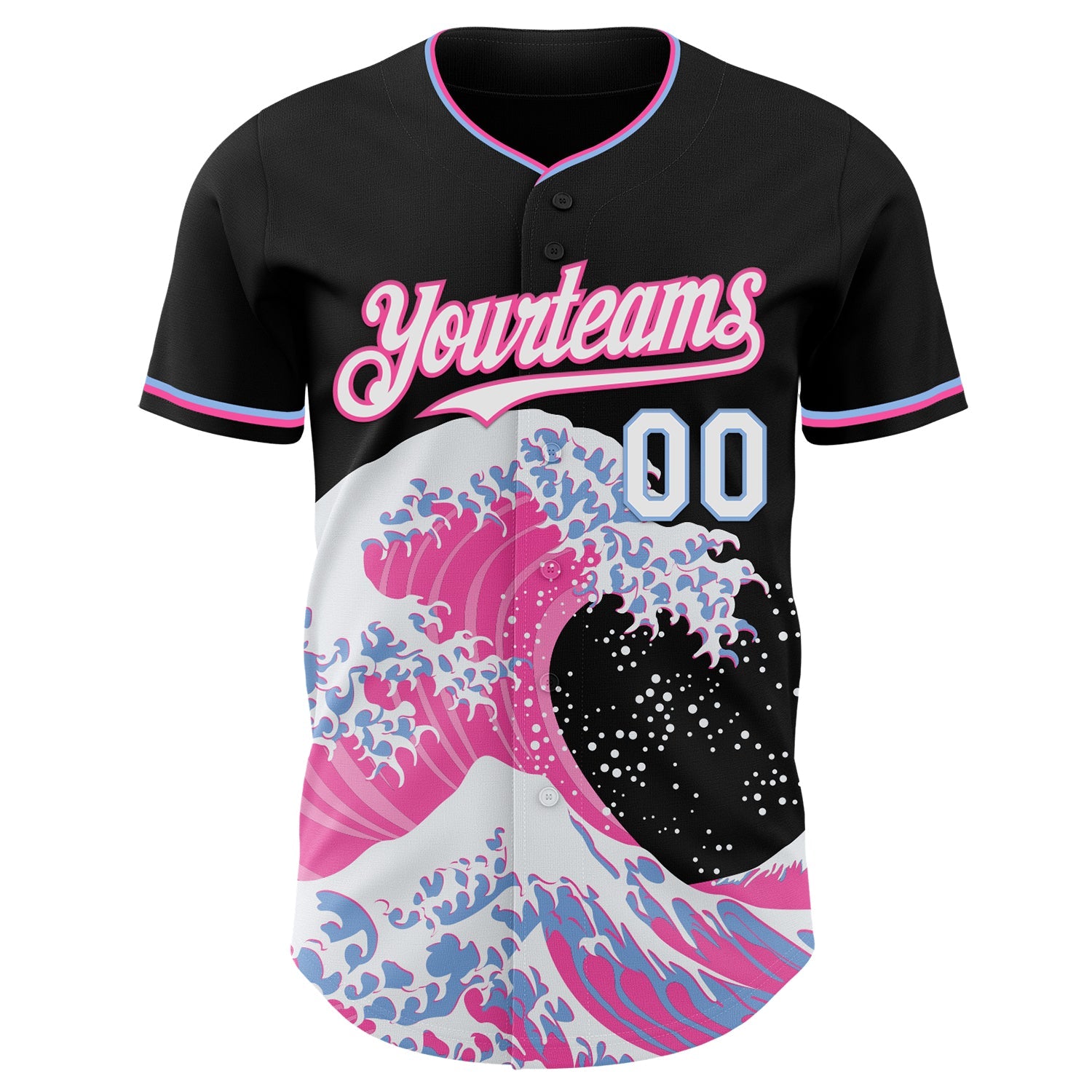 Custom Black White Pink-Light Blue Japanese Wave Authentic Baseball Jersey view 3