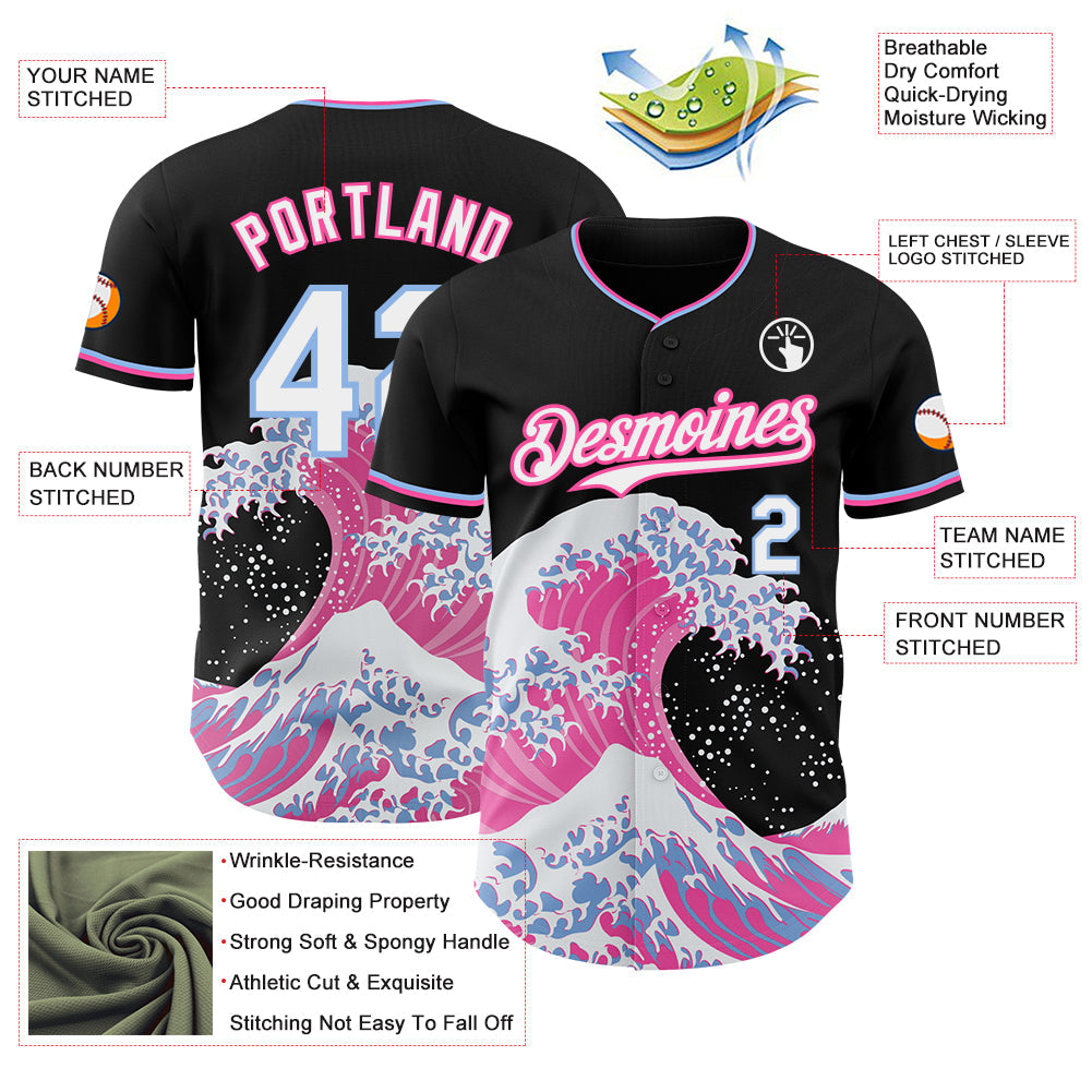 Custom Black White Pink-Light Blue Japanese Wave Authentic Baseball Jersey view 4