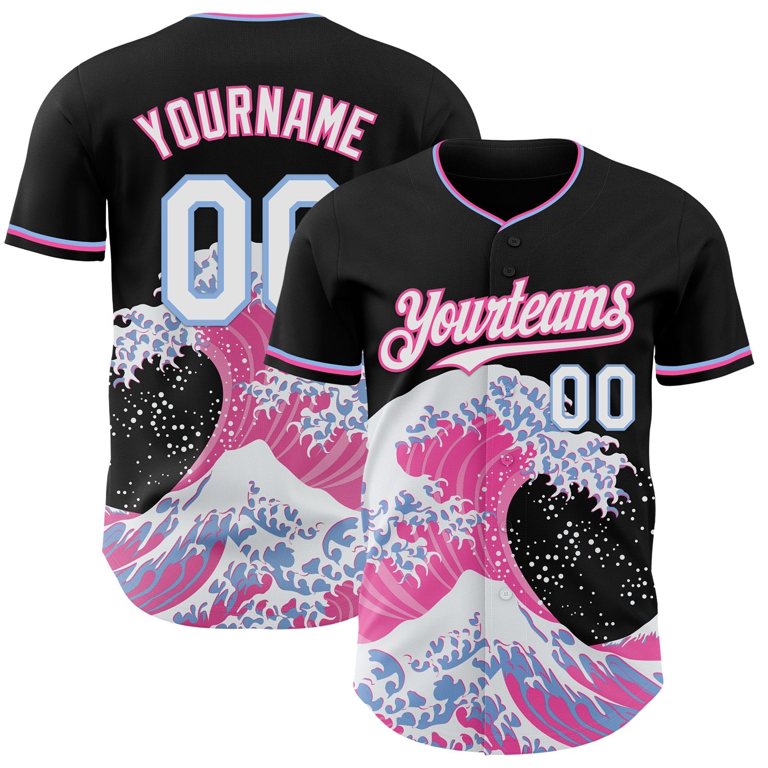 Custom Black White Pink-Light Blue Japanese Wave Authentic Baseball Jersey - Main View